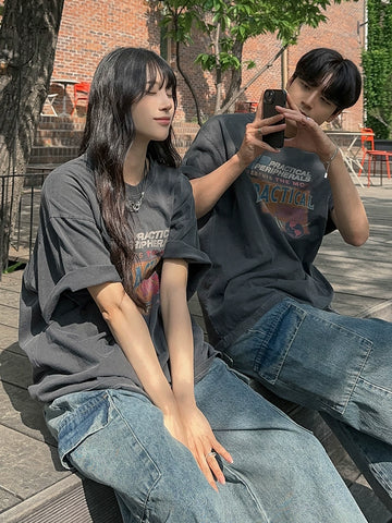 半袖レトロウォッシュプリントTシャツ VD467