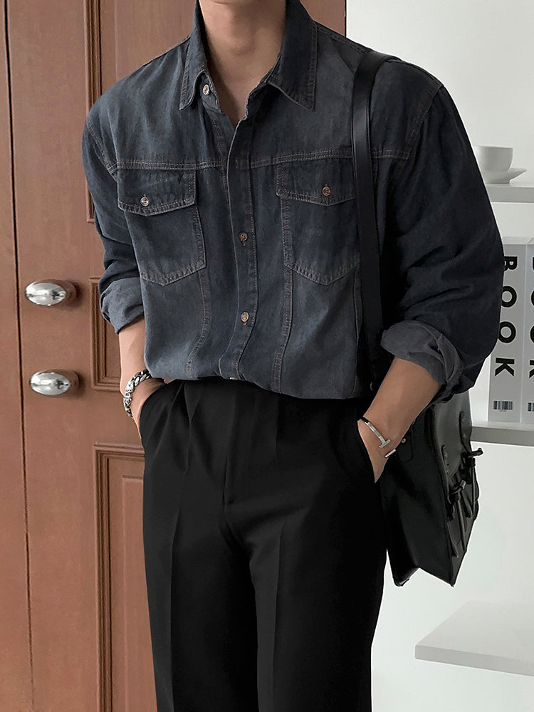 DIANTÉ ブラックデニムルーズシャツ 長袖ルーズブラックデニムシャツ VD446